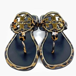 Tory Burch Miller Patent Leather Leopard Barbados Sandal Gold Metal Logo